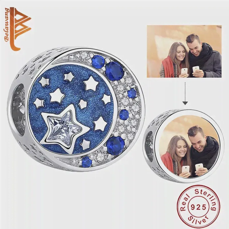 BELAWANG Оптовая Продажа Стерлингового серебра 925 пробы с бусинами CZ Blue Star & Moon Подходят к оригинальным браслетам На заказ, фото Для женщин, ювелирные изделия своими руками